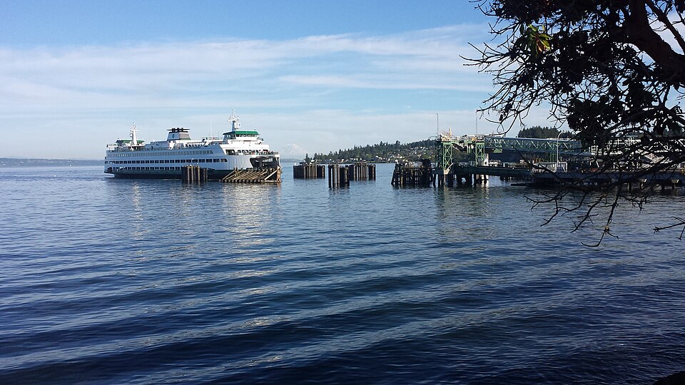 A ferry arrives in the port of Kingston, Washington. 