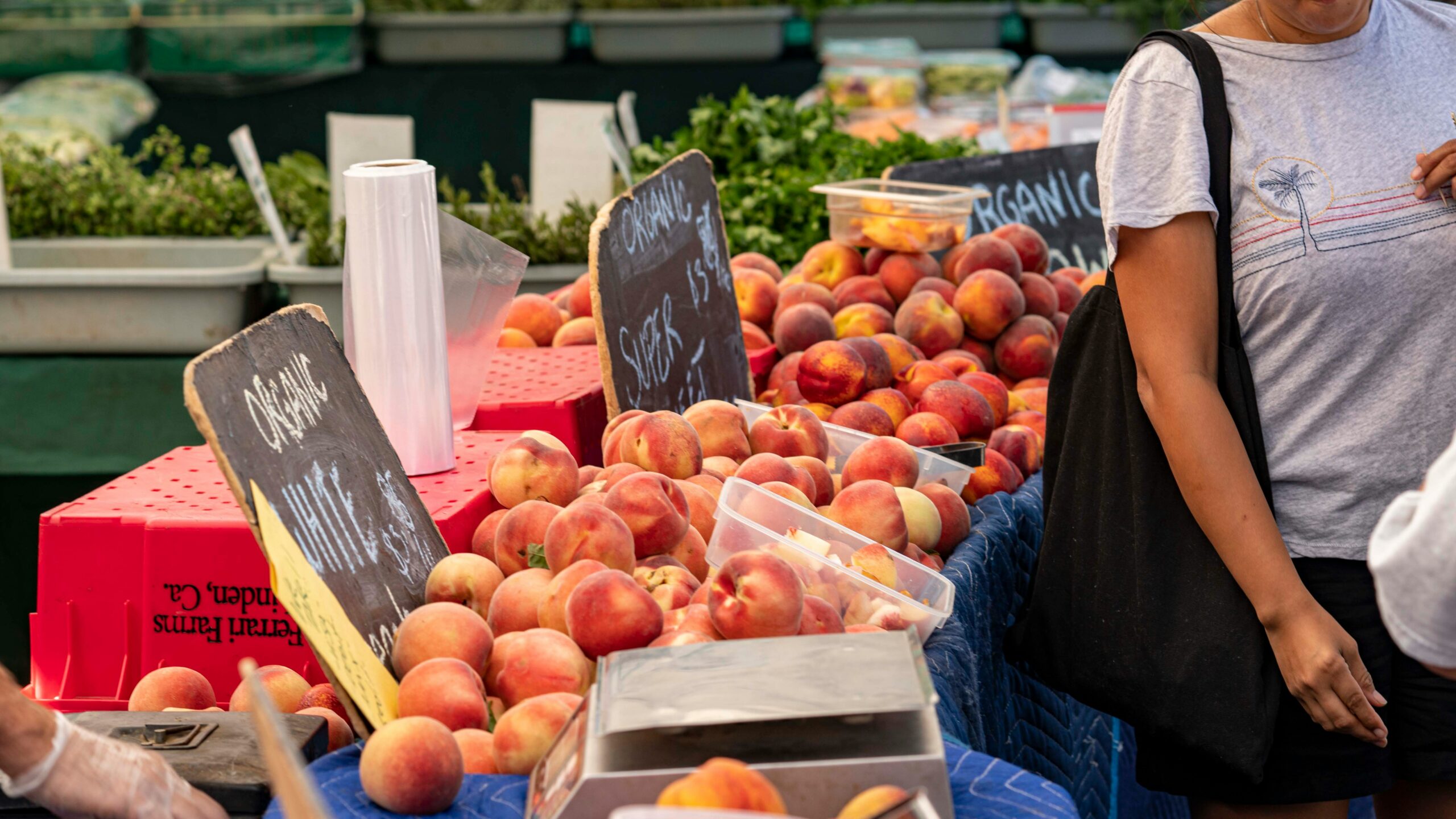 A woman browses produce at a farmers market. 