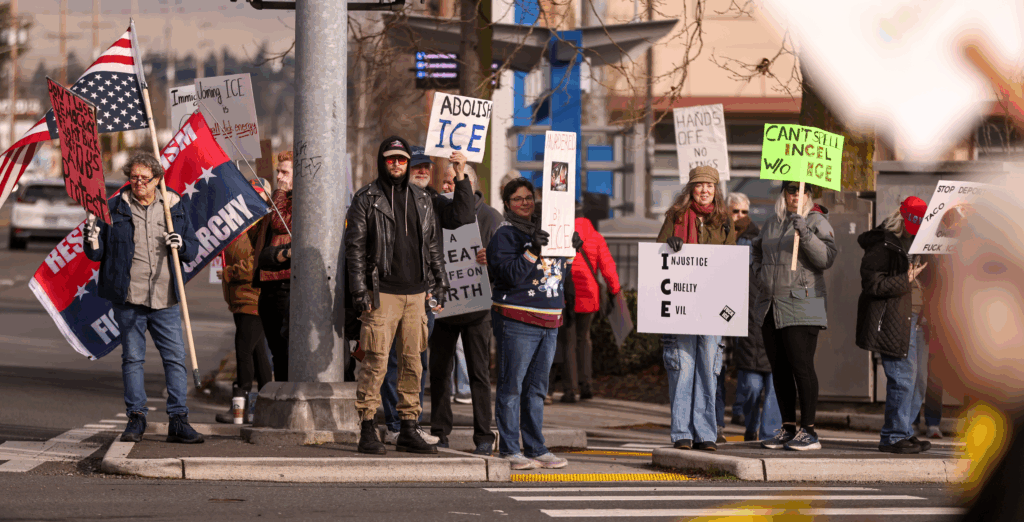 ICE protest draws 500-plus to Hwy 99 and 196th Saturday