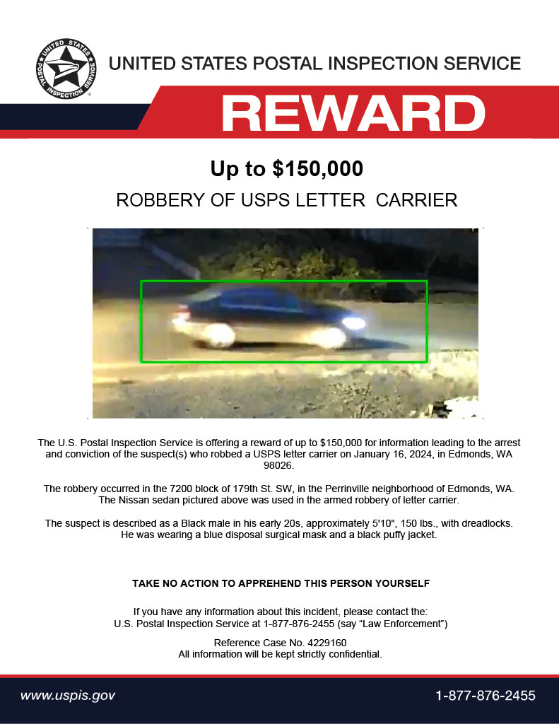 $150K reward offered in connection with Edmonds mail carrier robbery ...
