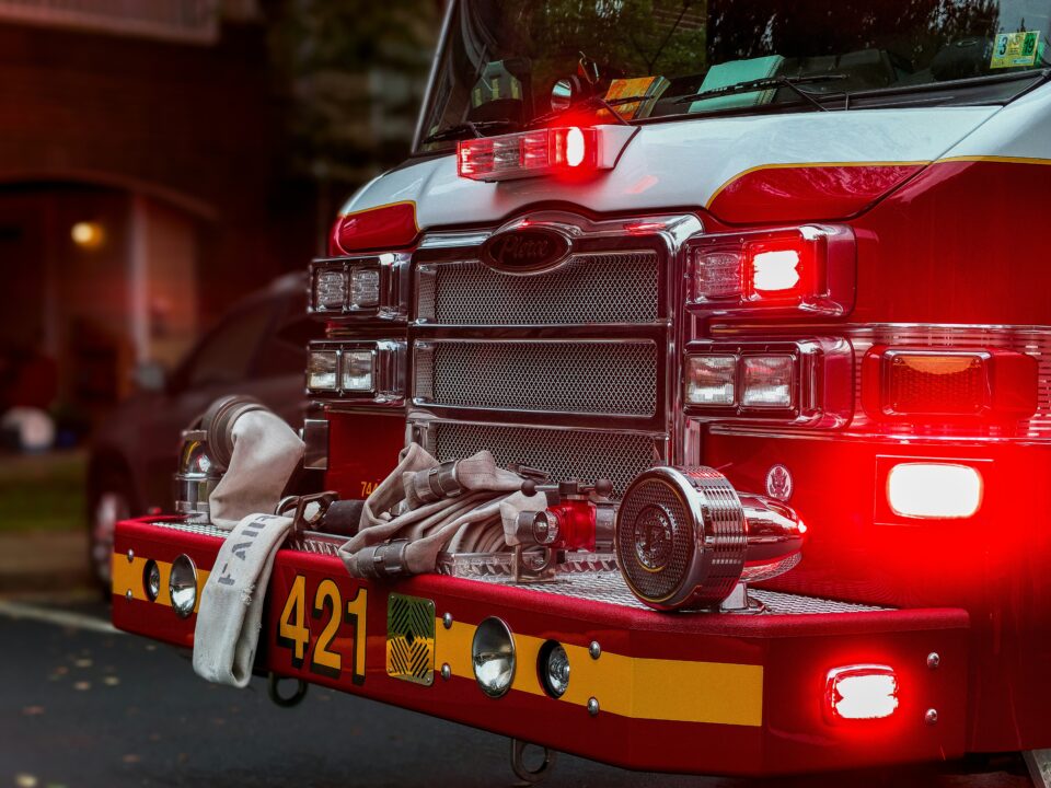 The front of a fire truck is shown. 